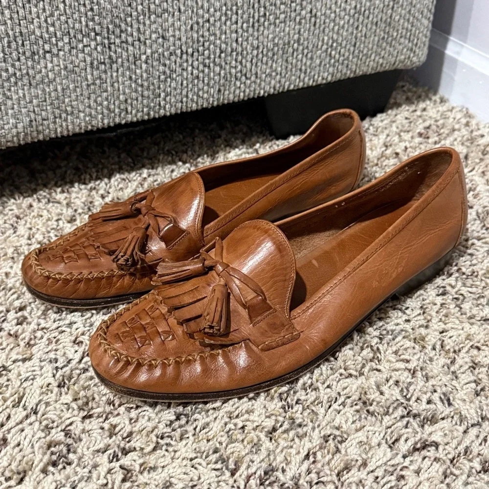 Cole Haan Men's 8.5 M Brown Leather Woven Kiltie Tassel Loafers Made in Italy